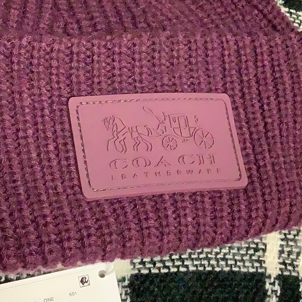 Coach knit patch beanie hat deep berry